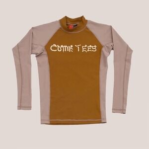 COME TEES Long Sleeve Rash Guard Top Olive Tan Graphic Print Mock Neck Women